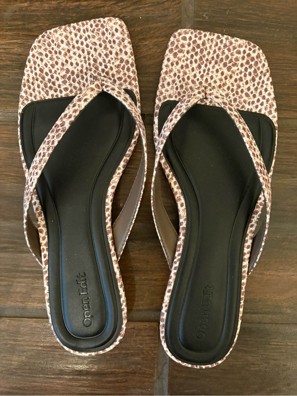 Brown Snake-Print Square Slide Sandals with Black Footbed Open Edit NWT!